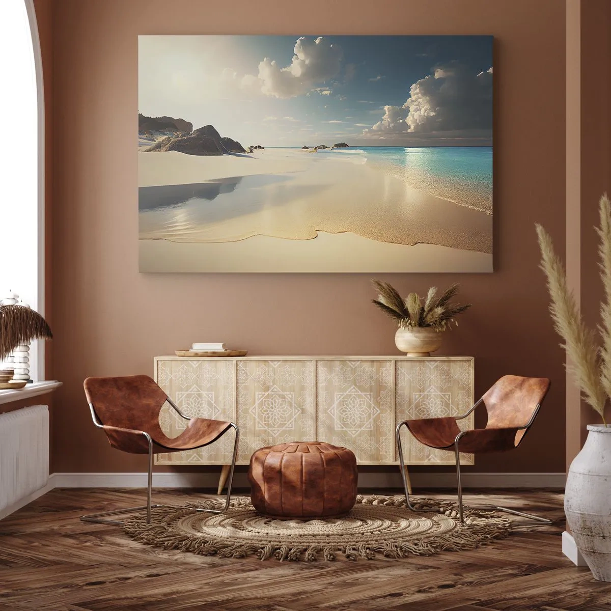Impression sur toile - Image sur toile - Une plage ensoleillée avec une mer bleue et des rochers - 120x80cm - Une journée de rêve - Décoration murale moderne pour le salon et la chambre ARTTOR