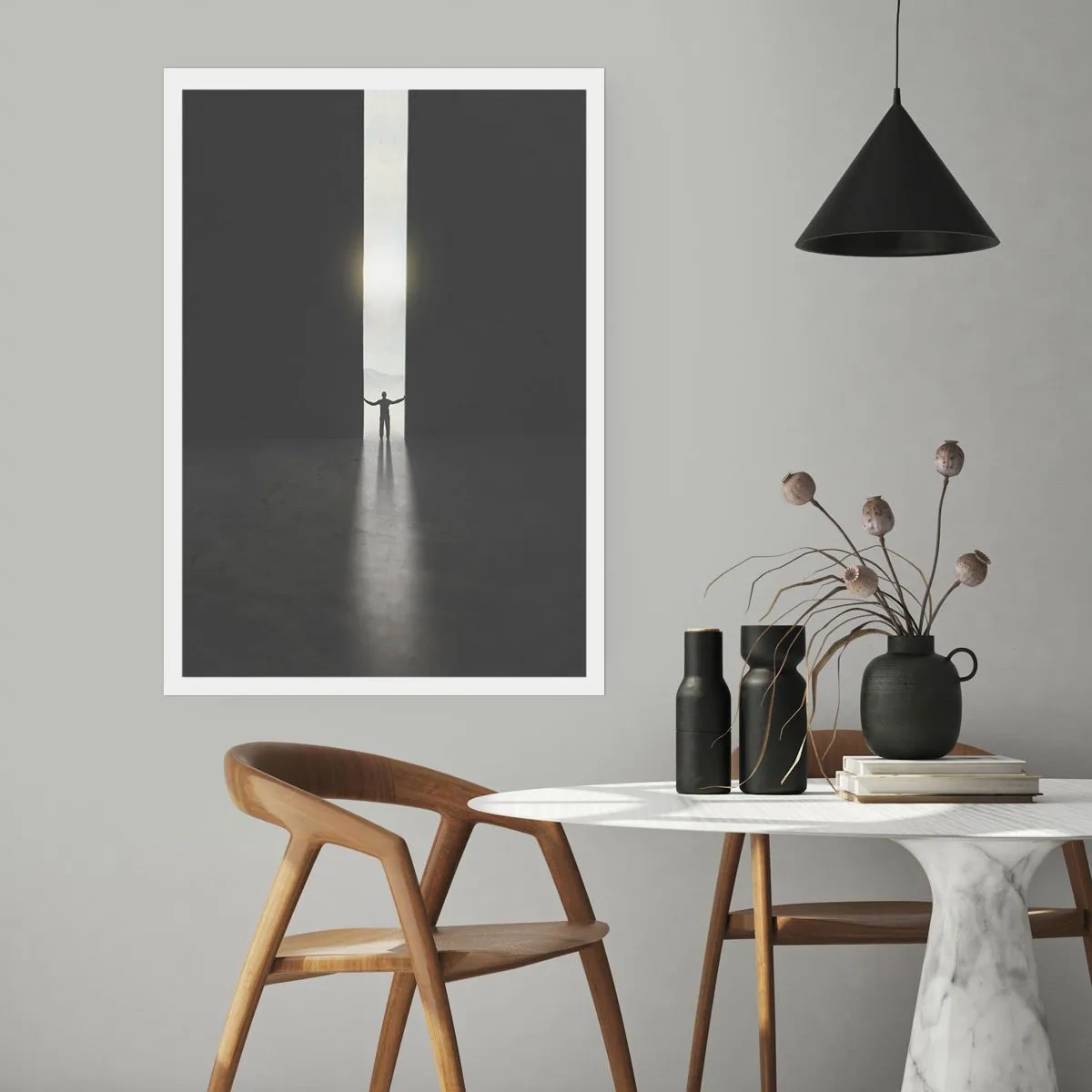 Affiche - Poster - Un homme debout dans la lumière d'une fissure dans un environnement sombre - 50x70cm - Étape vers un avenir radieux - Décoration murale moderne pour le salon et la chambre ARTTOR