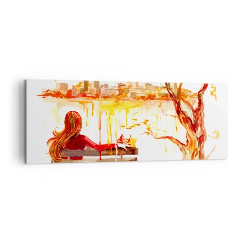 Impression sur toile - Image sur toile - Scène à l'aquarelle d'une femme sur un banc surplombant la ville - 140x50cm - Un moment de réflexion - Décoration murale moderne pour le salon et la chambre ARTTOR