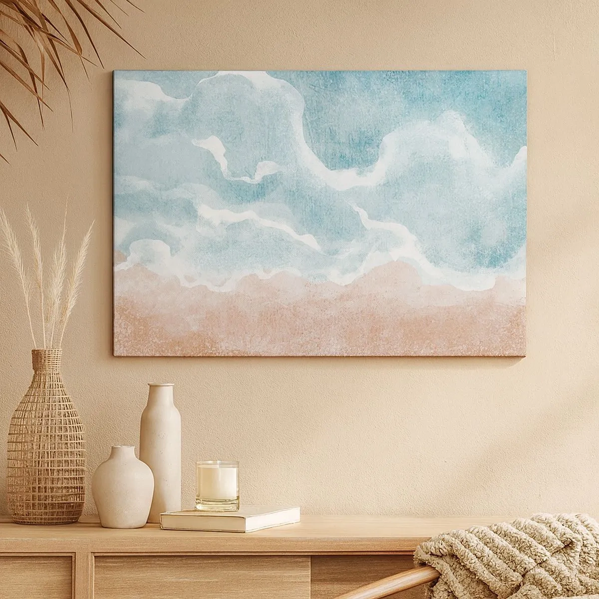 Impression sur toile - Image sur toile - Plage abstraite avec des vagues dans les tons bleus et beiges - 70x50cm - Abstraction du nuage - Décoration murale moderne pour le salon et la chambre ARTTOR