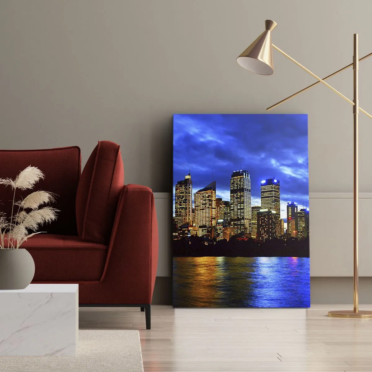 Impression sur toile - Image sur toile - Panorama de la ville nocturne avec des gratte-ciel illuminés au-dessus de l'eau - 50x70cm - Une nuit de lumières et de couleurs - Décoration murale moderne pour le salon et la chambre ARTTOR