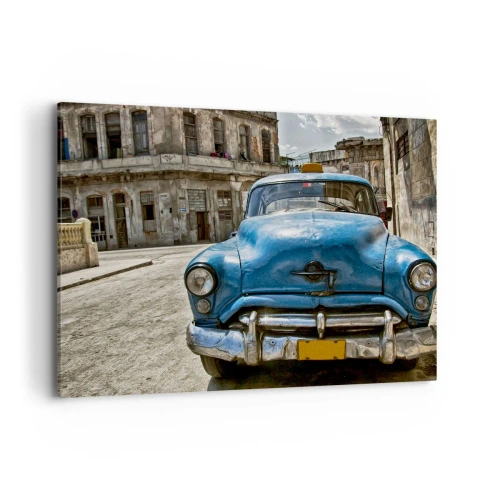 Impression sur toile - Image sur toile - Une vieille voiture bleue dans la rue dans un style rétro - 100x70cm - L'ancien est beau - Décoration murale moderne pour le salon et la chambre ARTTOR