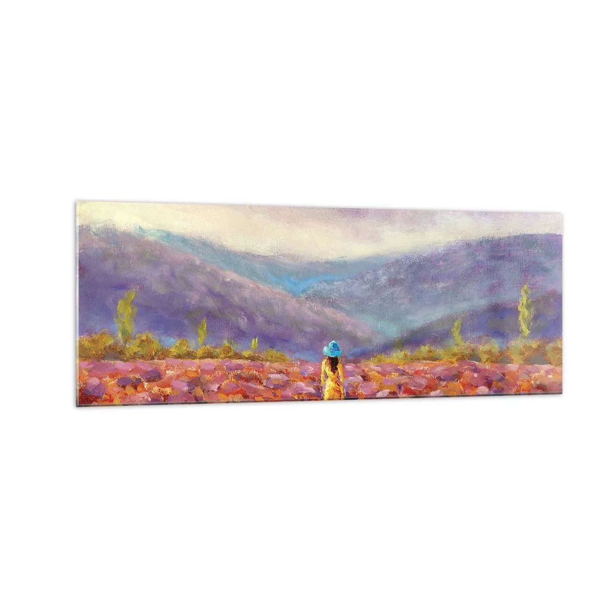 Impression sur verre - Image sur verre - Une femme portant un chapeau marchant dans un champ de lavande. - 140x50cm - Dans un monde lavande - Décoration murale moderne pour le salon et la chambre ARTTOR
