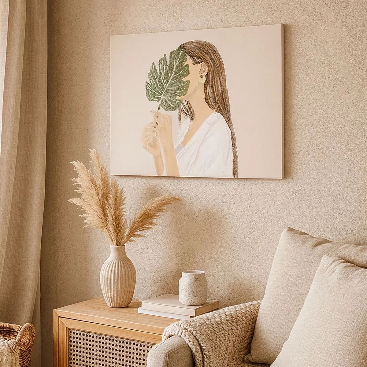 Impression sur toile - Image sur toile - Portrait d'une femme avec une feuille de monstera sur fond beige - 70x50cm - Portrait mystérieux avec un éventail - Décoration murale moderne pour le salon et la chambre ARTTOR