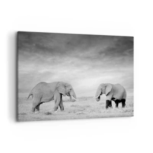Impression sur toile - Image sur toile - Deux éléphants sur fond de savane africaine - 100x70cm - Le gris est beau - Décoration murale moderne pour le salon et la chambre ARTTOR