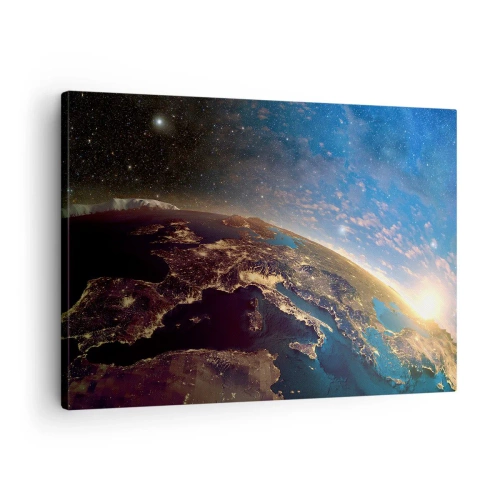 Impression sur toile - Image sur toile - Vue de la Terre depuis l'espace au lever du soleil - 70x50cm - Regardons-nous de loin - Décoration murale moderne pour le salon et la chambre ARTTOR