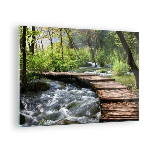 Impression sur verre - Image sur verre - Un pont en bois sur un ruisseau tumultueux - 70x50cm - Au-dessus de la cascade mousseuse - Décoration murale moderne pour le salon et la chambre ARTTOR