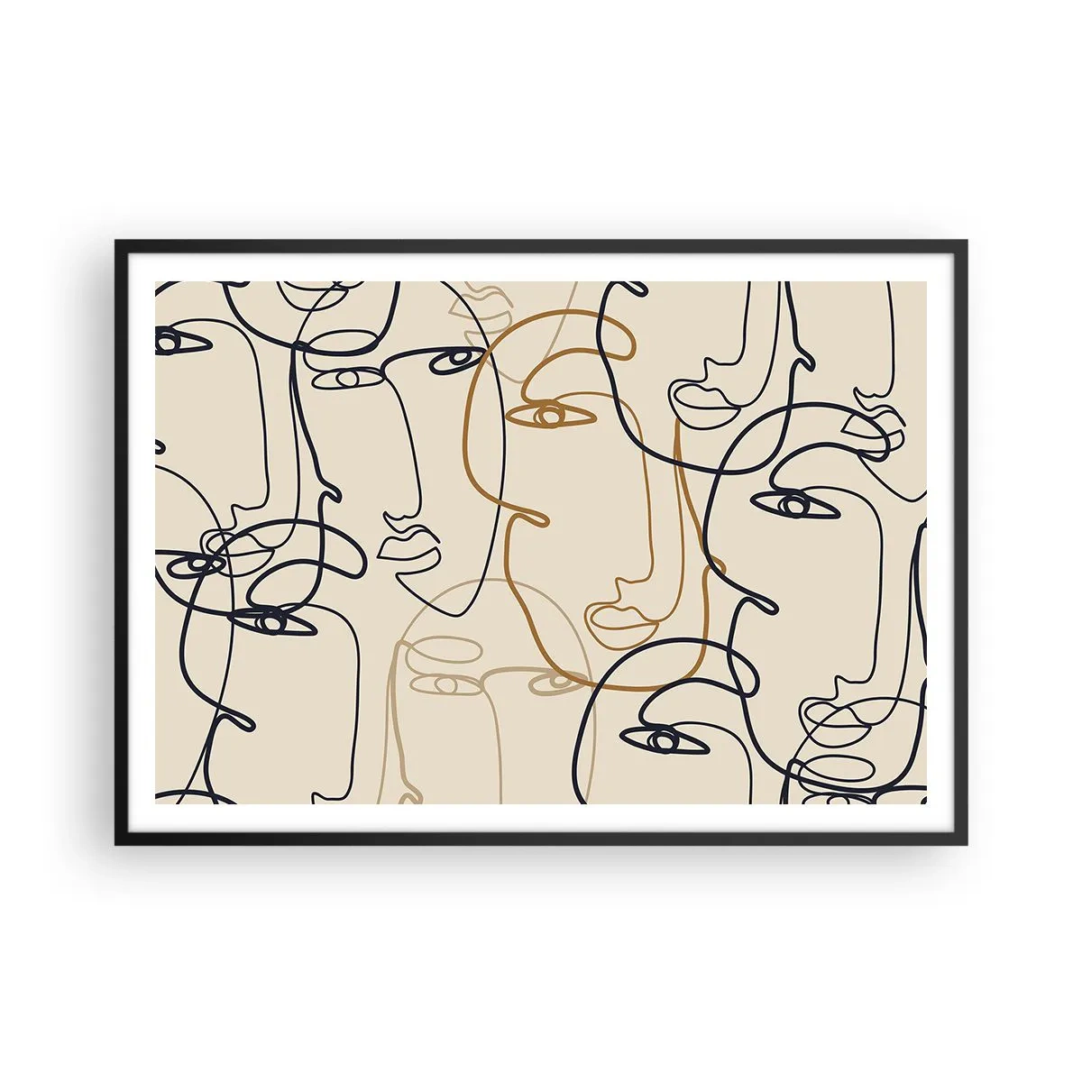 Affiche dans un cadre noir - Poster - Visages minimalistes au trait sur fond clair - 100x70cm - Portrait multiplié - Décoration murale moderne pour le salon et la chambre ARTTOR