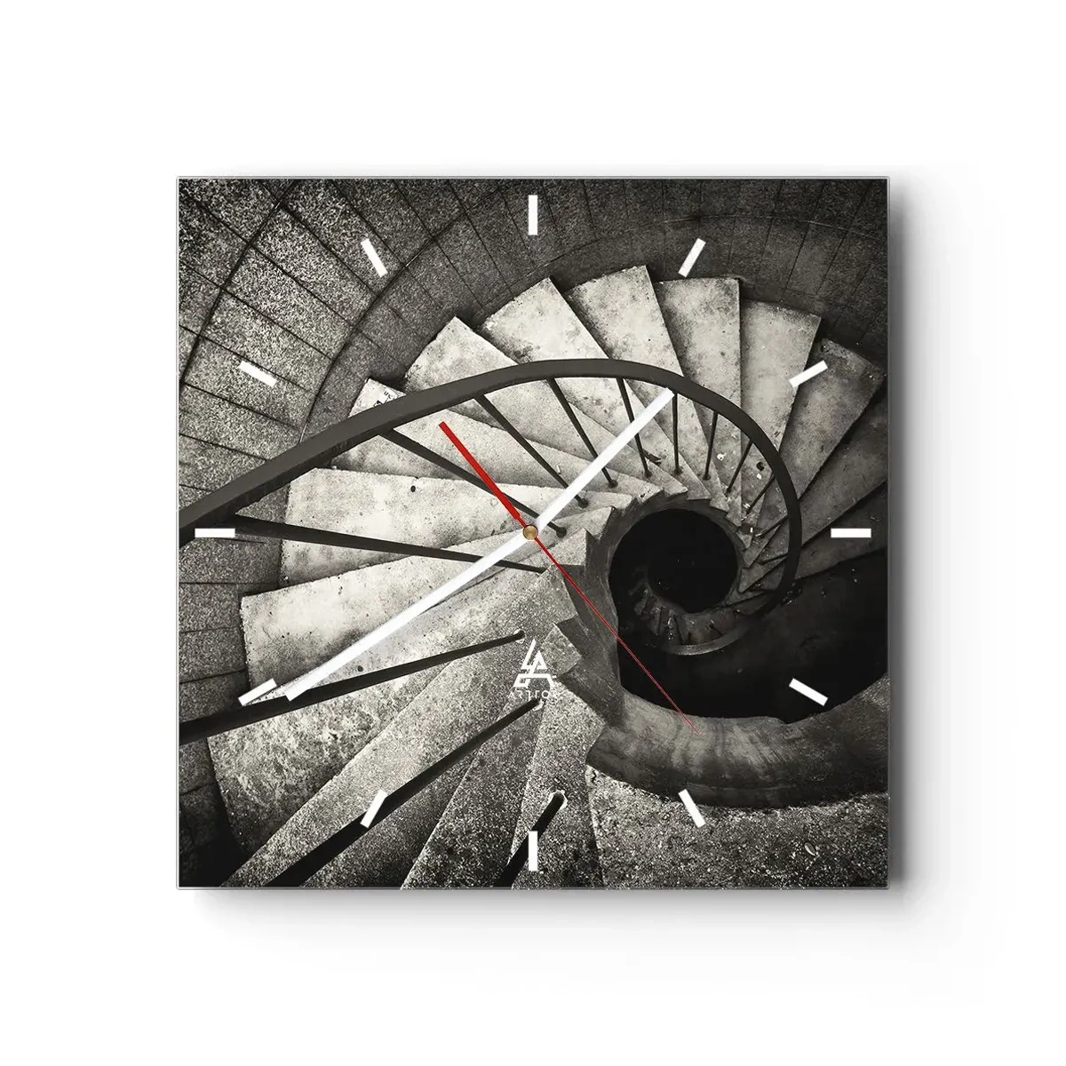 Horloge murale - Pendule murale - Escalier en colimaçon noir et blanc de style moderne - 30x30cm - En haut des escaliers, en bas des escaliers - Décoration murale moderne pour le salon et la chambre ARTTOR