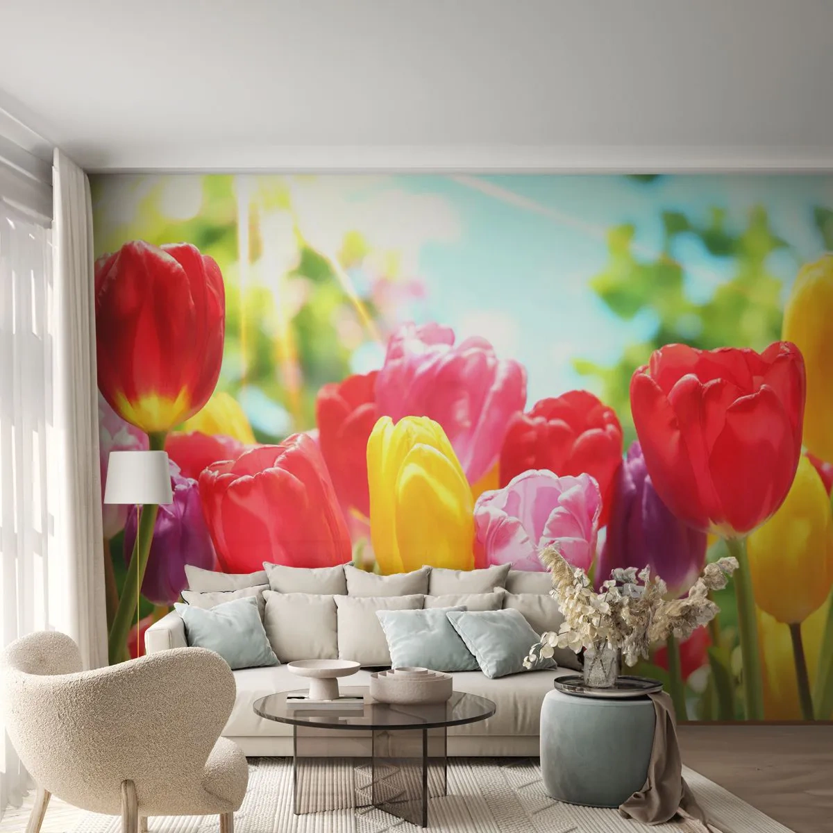 Papier Peint Autocollant Deluxe Sticker - C'est nous, les couleurs de Mai! - Fleurs, Tulipes, Jardin - 250x175 cm