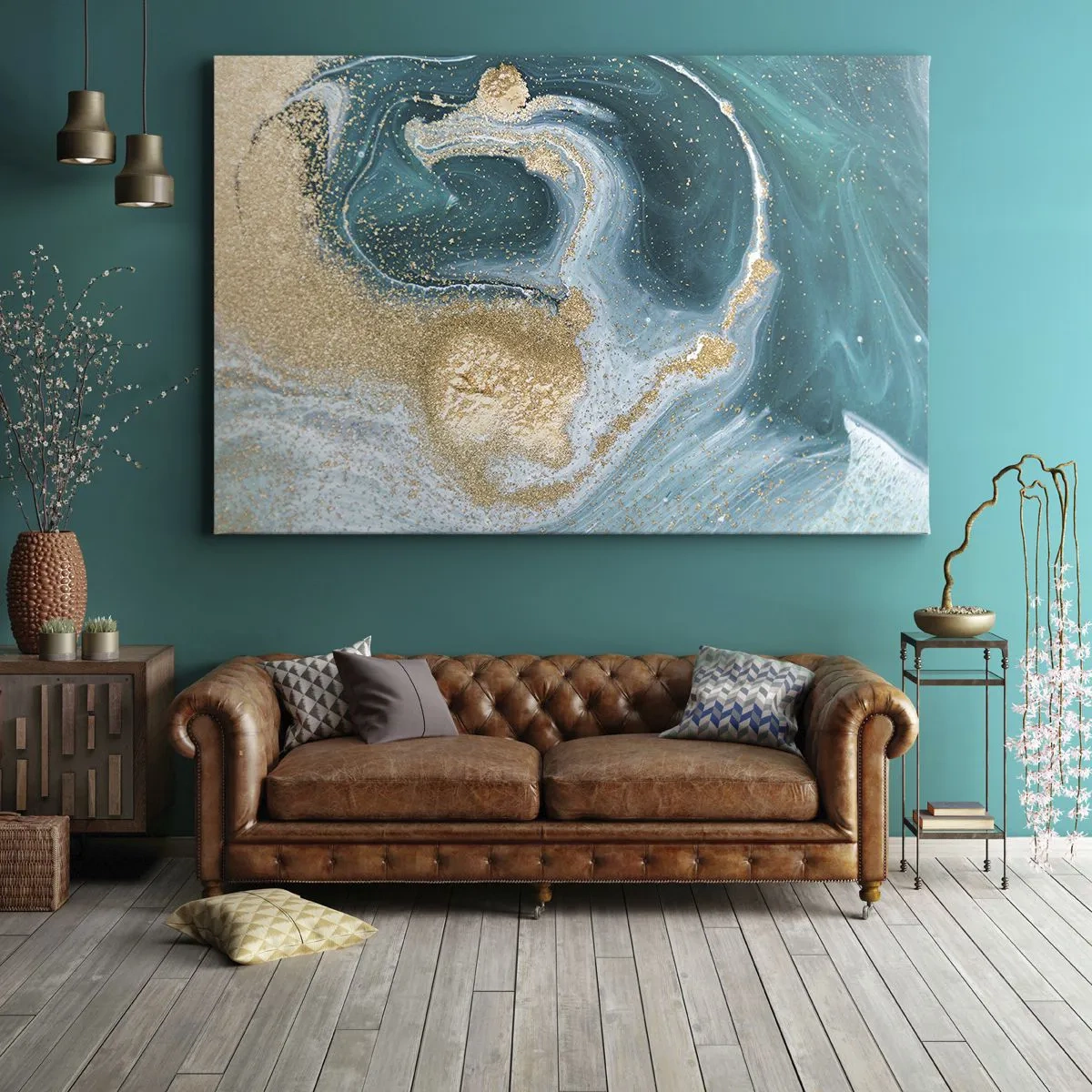 Impression sur toile - Image sur toile - Tourbillon abstrait dans les tons turquoise et or - 70x50cm - Tourbillon d'or et de turquoise - Décoration murale moderne pour le salon et la chambre ARTTOR