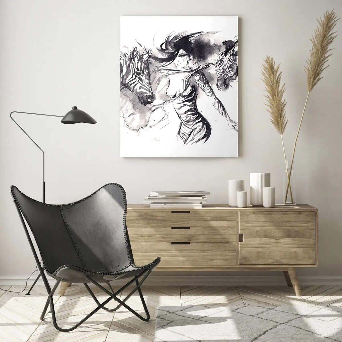 Impression sur verre - Image sur verre - Composition en noir et blanc avec une femme et un zèbre dans un style artistique - 50x70cm - Danse avec les zèbres - Décoration murale moderne pour le salon et la chambre ARTTOR
