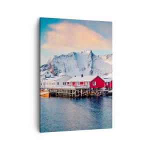 Impression sur toile - Image sur toile - Maisons rouges sur fond de montagnes enneigées et de mer bleue - 50x70cm - Retraite dans le nord - Décoration murale moderne pour le salon et la chambre ARTTOR
