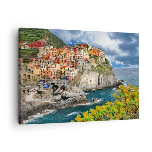 Impression sur toile - Image sur toile - Maisons colorées sur une falaise surplombant la mer aux Cinque Terre - 70x50cm - Un groupe embrassant les rochers - Décoration murale moderne pour le salon et la chambre ARTTOR