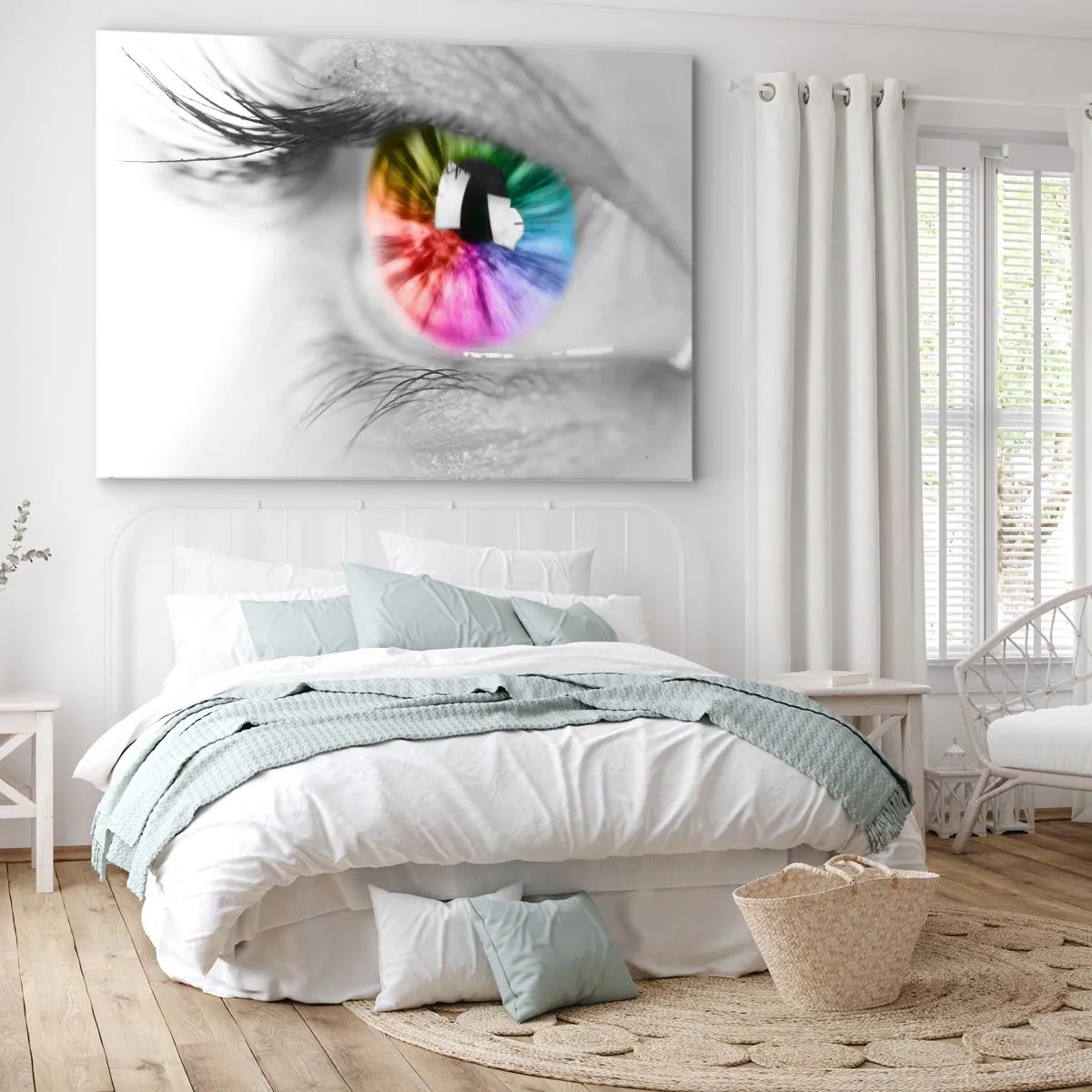 Impression sur toile - Image sur toile - Prise de vue artistique d'un œil avec un iris arc-en-ciel sur fond gris - 70x50cm - Regarde le monde en couleur - Décoration murale moderne pour le salon et la chambre ARTTOR