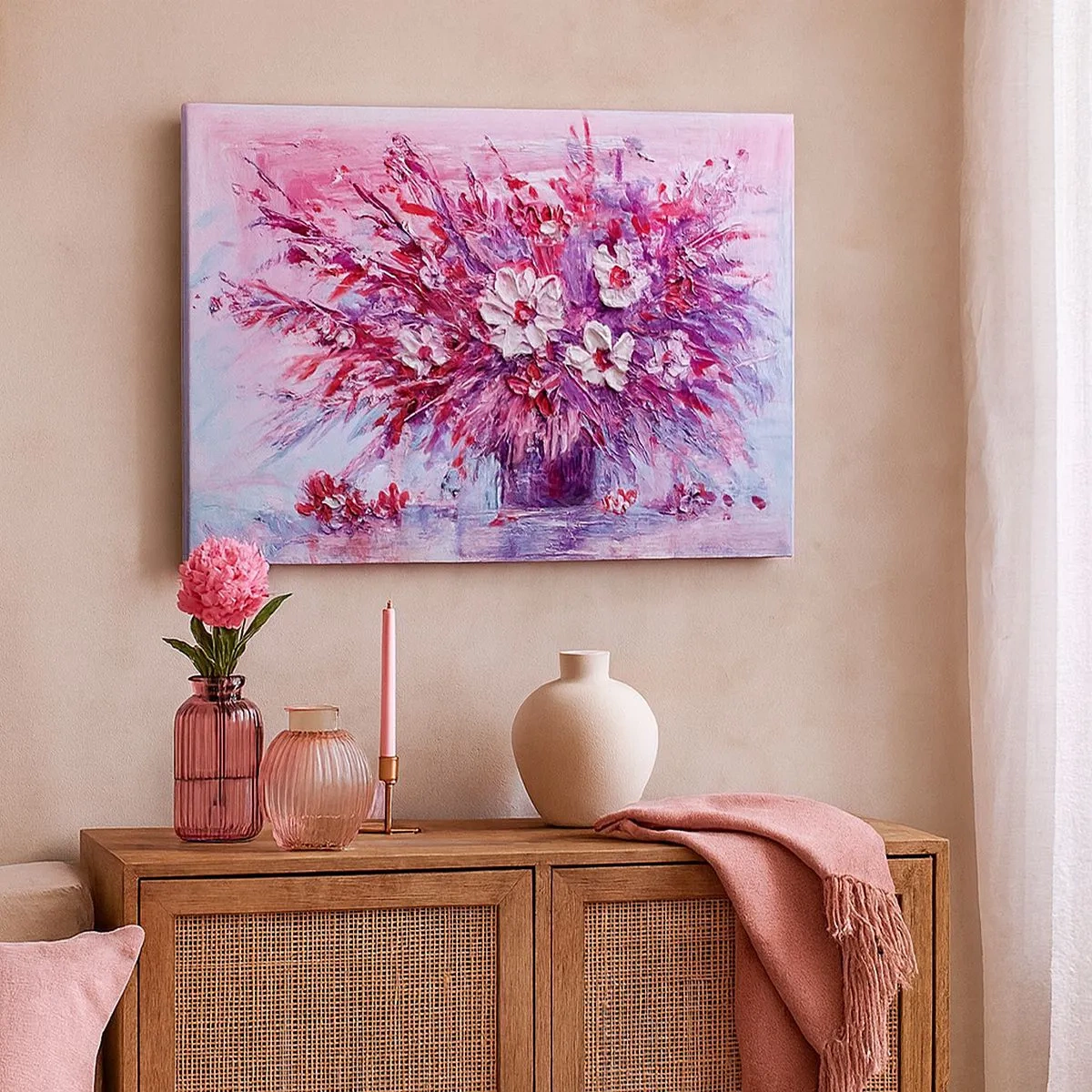 Impression sur toile - Image sur toile - Un bouquet de fleurs colorées dans des tons de rose et de violet - 70x50cm - Innocence et passion - Décoration murale moderne pour le salon et la chambre ARTTOR