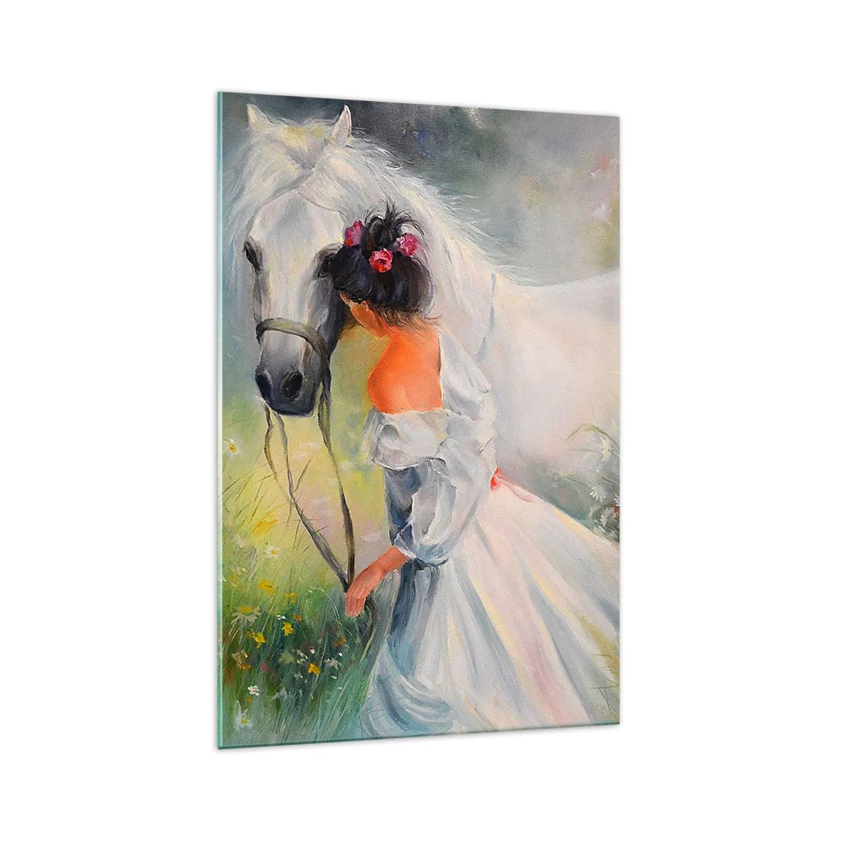 Impression sur verre - Image sur verre - Une femme avec un cheval blanc dans un cadre pittoresque - 70x100cm - Comme dans un beau rêve - Décoration murale moderne pour le salon et la chambre ARTTOR