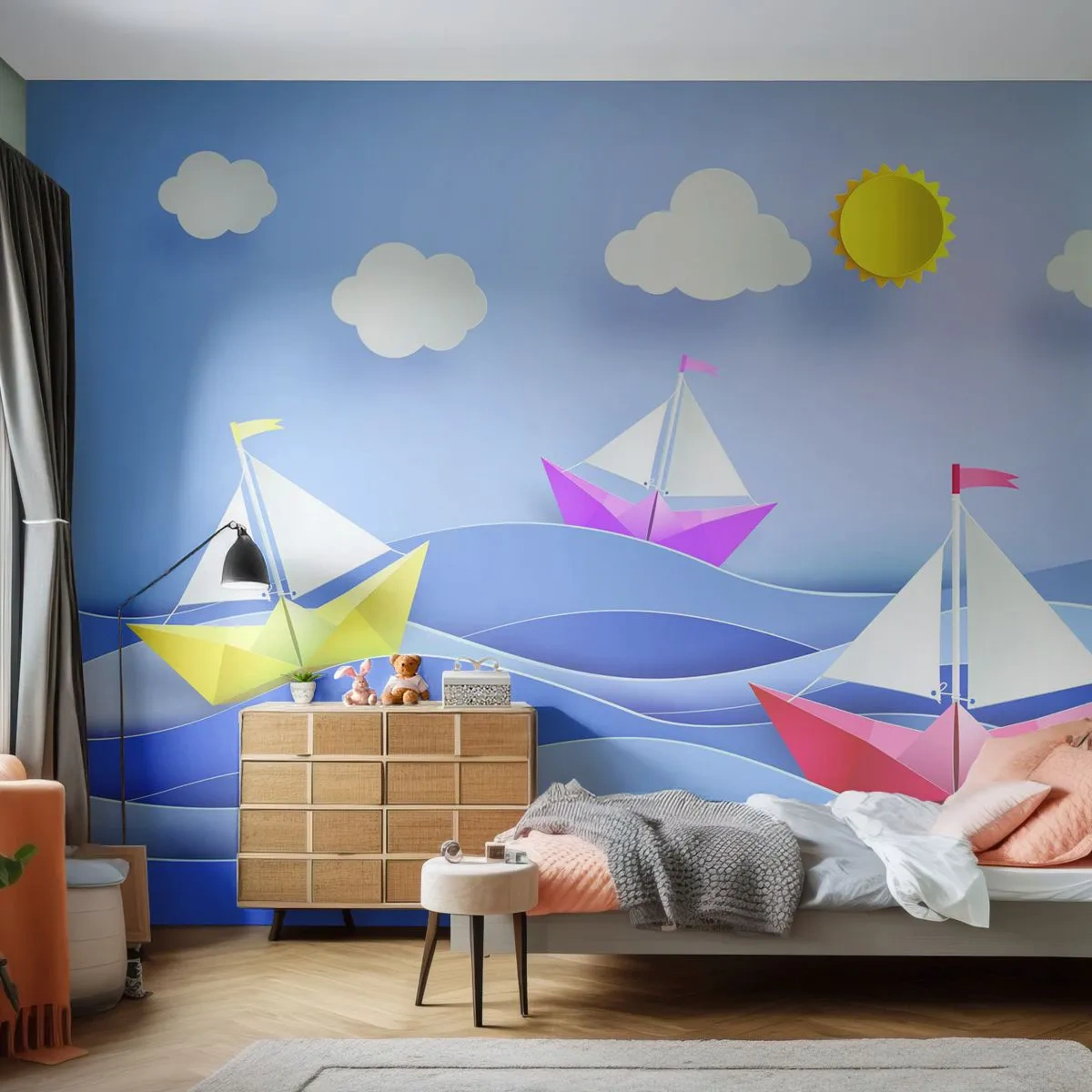 Papier Peint Photo Premium Sand - Voiliers colorés sur les vagues dans un style d'art en papier - 100x70cm - Ah qu'il est agréable de se balancer dans les vagues - Décoration murale moderne pour le salon et la chambre ARTTOR