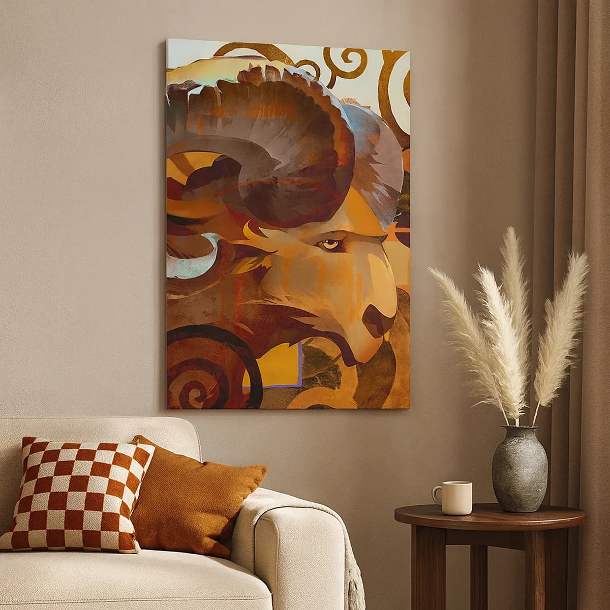 Impression sur toile - Image sur toile - Un bélier symbolique dans une composition abstraite - 50x70cm - Magie - religions - rituels - Décoration murale moderne pour le salon et la chambre ARTTOR