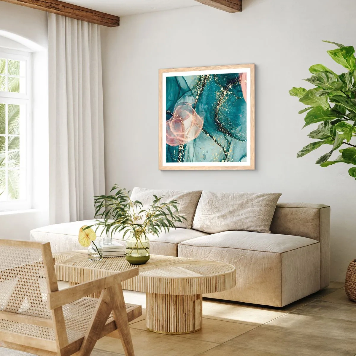 Affiche dans un chêne clair - Poster - Soie bleu, tulle rose - 60x60 cm