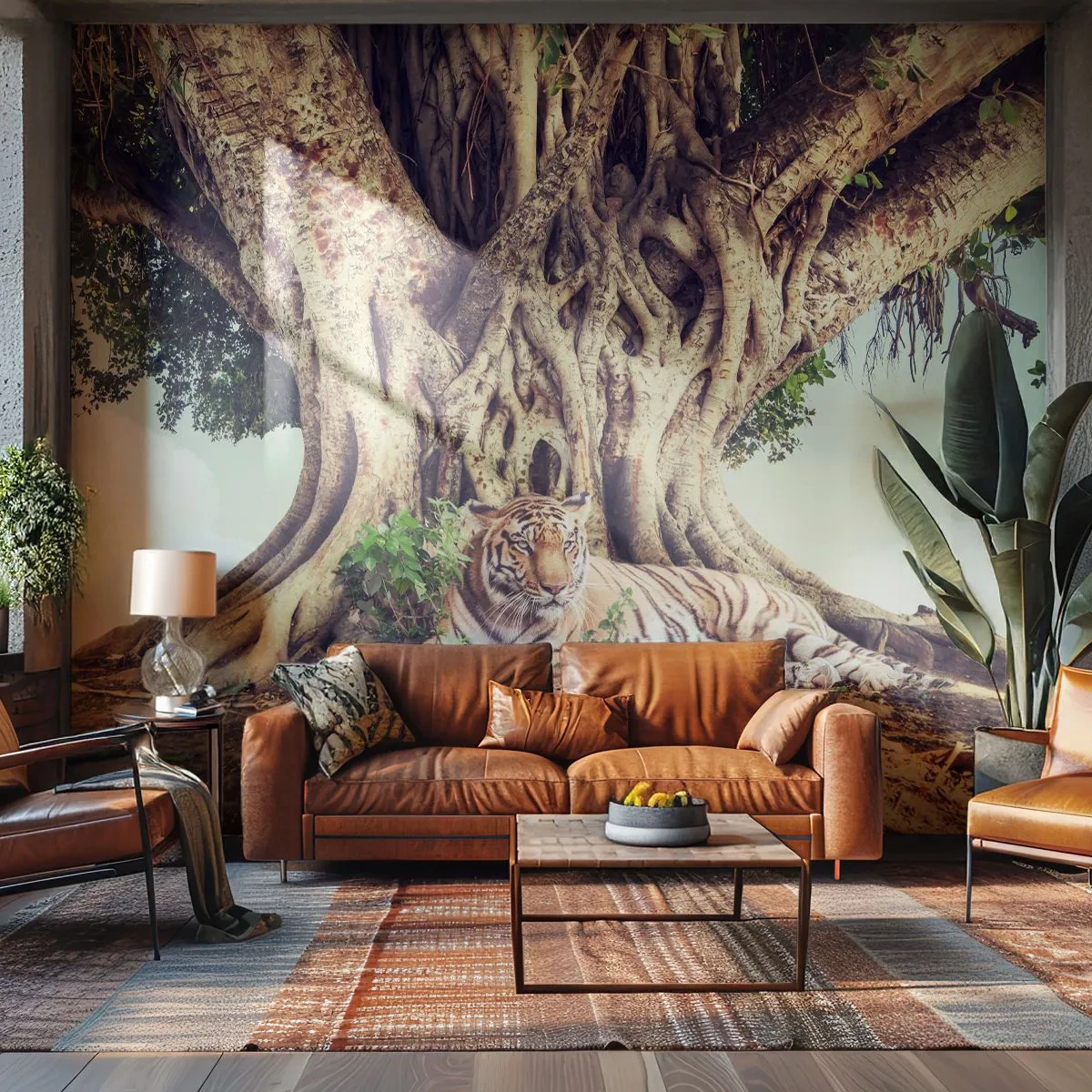 Papier Peint Photo Standard Eco - Un tigre couché sous un arbre massif et emmêlé - 100x70cm - Vue du Livre de la Genèse - Décoration murale moderne pour le salon et la chambre ARTTOR