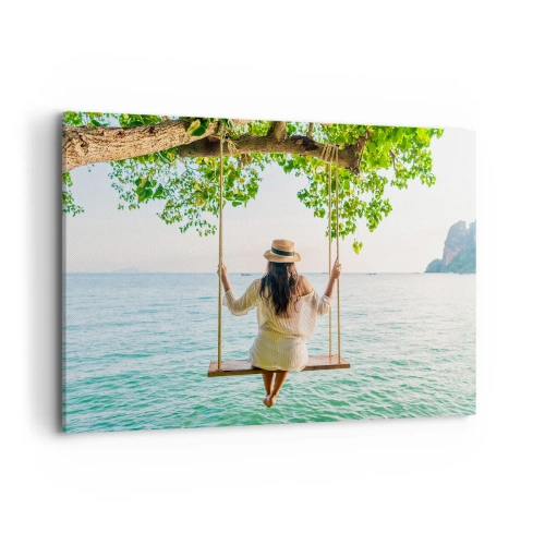 Impression sur toile - Image sur toile - Femme sur une balançoire au bord de la mer dans un paysage tropical - 100x70cm - La vie est belle - Décoration murale moderne pour le salon et la chambre ARTTOR