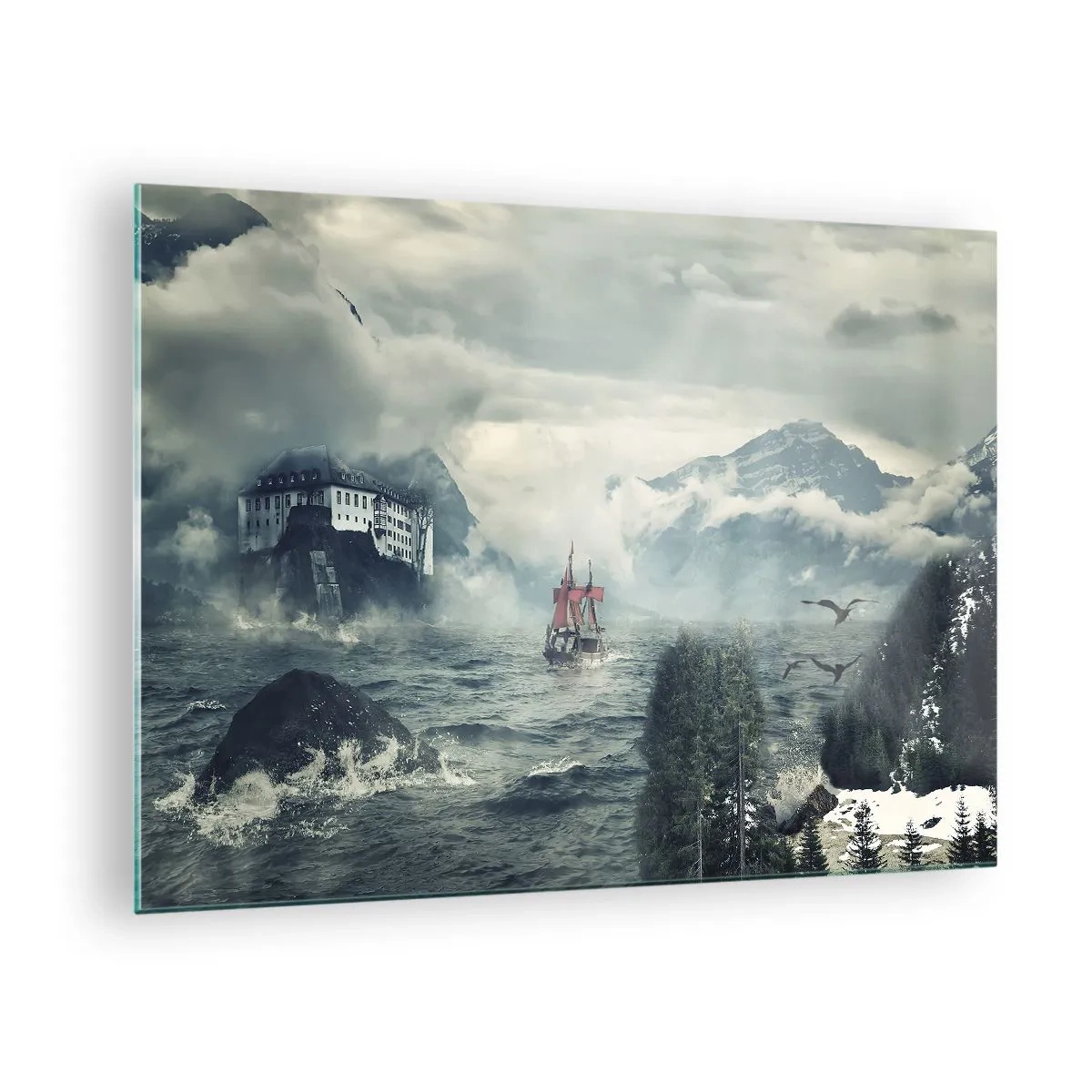 Impression sur verre - Image sur verre - Un navire sur une mer agitée avec un château en arrière-plan - 70x50cm - Dans l'eau magique - Décoration murale moderne pour le salon et la chambre ARTTOR