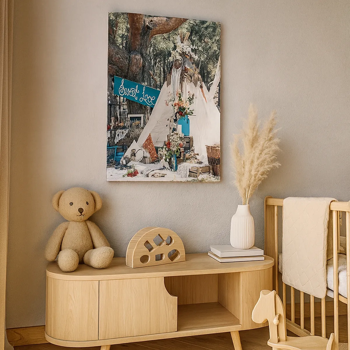 Impression sur toile - Image sur toile - Décoration bohème avec un tipi dans la forêt - 50x70cm - Make love… - Décoration murale moderne pour le salon et la chambre ARTTOR