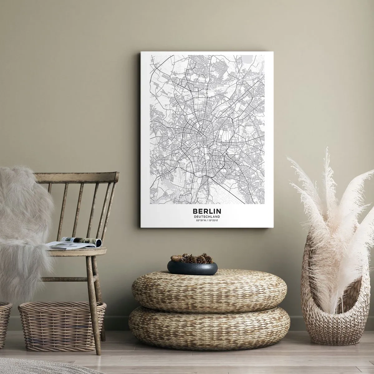 Impression sur toile - Image sur toile - Carte détaillée de la ville en noir et blanc - 50x70cm - Fleur de Berlin - Décoration murale moderne pour le salon et la chambre ARTTOR