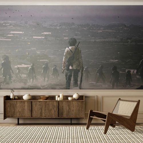 Papier Peint Photo Premium Canvas - Une silhouette avec une arme se tient devant un groupe dans un paysage dystopique. - 100x70cm - Dernier samaritain ? - Décoration murale moderne pour le salon et la chambre ARTTOR