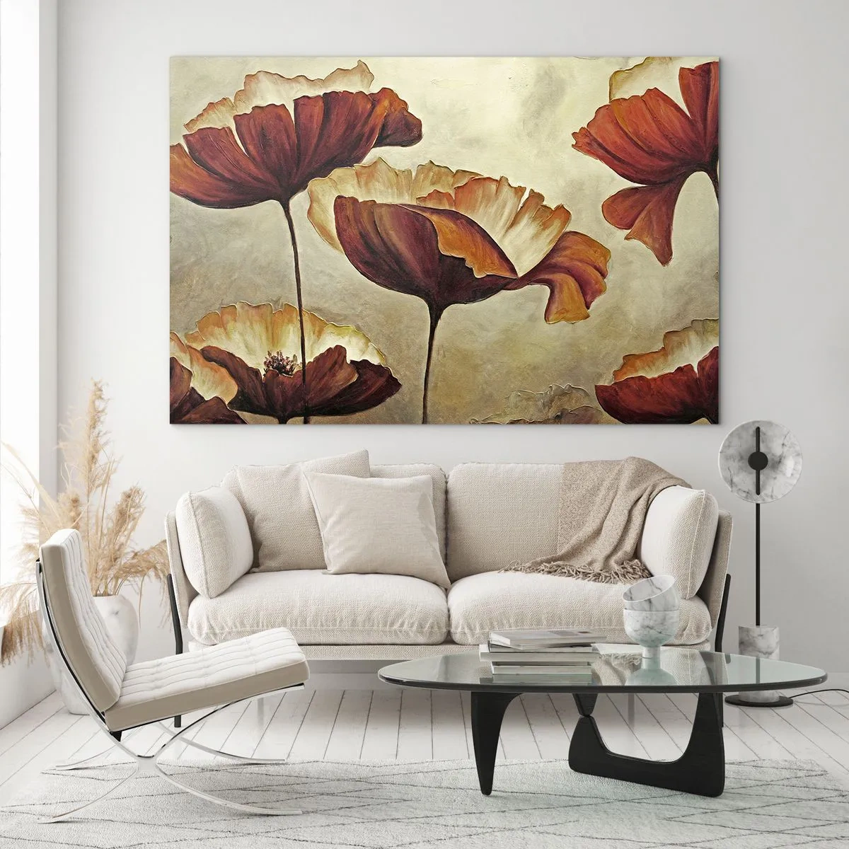 Impression sur verre - Image sur verre - Fleurs de pavot dans les tons de rouge et d'or sur fond clair - 100x70cm - À la lisière des champs - Décoration murale moderne pour le salon et la chambre ARTTOR