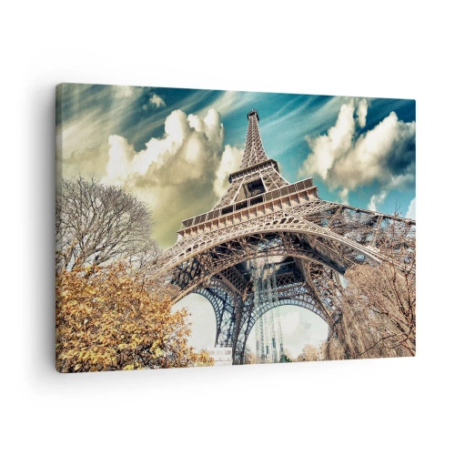 Impression sur toile - Image sur toile - La Tour Eiffel vue d'en bas dans un décor automnal - 70x50cm - Et en automne à Paris... - Décoration murale moderne pour le salon et la chambre ARTTOR