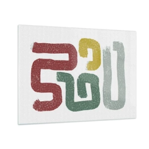 Impression sur verre - Image sur verre - Signes abstraits colorés sur fond blanc - 70x50cm - Dans une langue inconnue - Décoration murale moderne pour le salon et la chambre ARTTOR