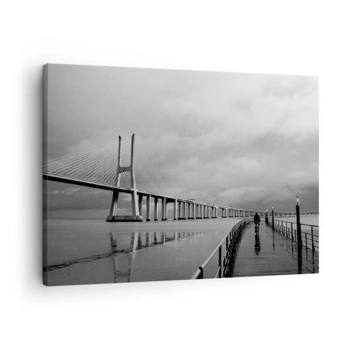 Impression sur toile - Image sur toile - Un pont suspendu au-dessus de l'eau en noir et blanc - 70x50cm - A tous ceux qui lui sont important - Décoration murale moderne pour le salon et la chambre ARTTOR