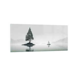 Impression sur verre - Image sur verre - Un paysage minimaliste avec un arbre sur une île et un voilier. - 120x50cm - Un rêve somnolent - Décoration murale moderne pour le salon et la chambre ARTTOR