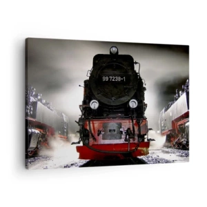 Impression sur toile - Image sur toile - Une locomotive à vapeur entourée de vapeur sur un ciel sombre dans un décor atmosphérique - 70x50cm - Il se lève et siffle, halète et souffle - Décoration murale moderne pour le salon et la chambre ARTTOR