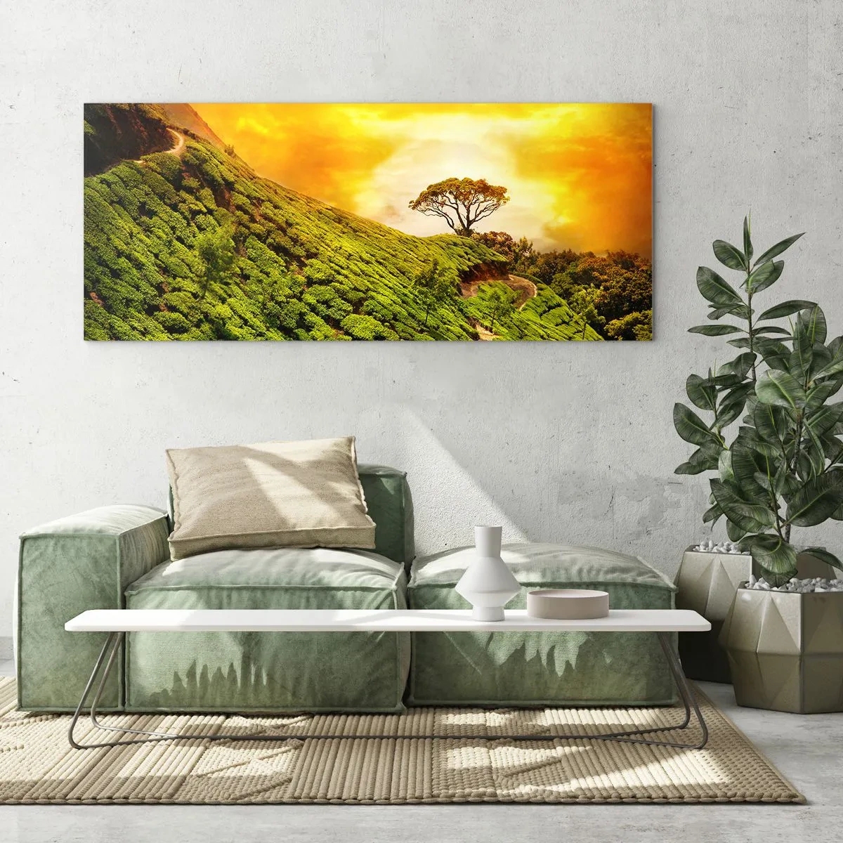 Impression sur verre - Image sur verre - Collines verdoyantes de plantations de thé au coucher du soleil - 120x50cm - Un chemin sinueux, une pente verte - Décoration murale moderne pour le salon et la chambre ARTTOR