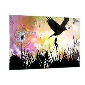 Impression sur verre - Image sur verre - Illustration d'une figure grimpant sur un oiseau sur un fond de fleurs colorées. - 120x80cm - Dans une ambiance de conte de fées - Décoration murale moderne pour le salon et la chambre ARTTOR