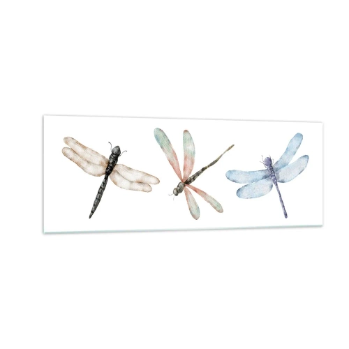 Impression sur verre - Image sur verre - Trois libellules aux couleurs pastel délicates - 140x50cm - Libellules en apesanteur - Décoration murale moderne pour le salon et la chambre ARTTOR