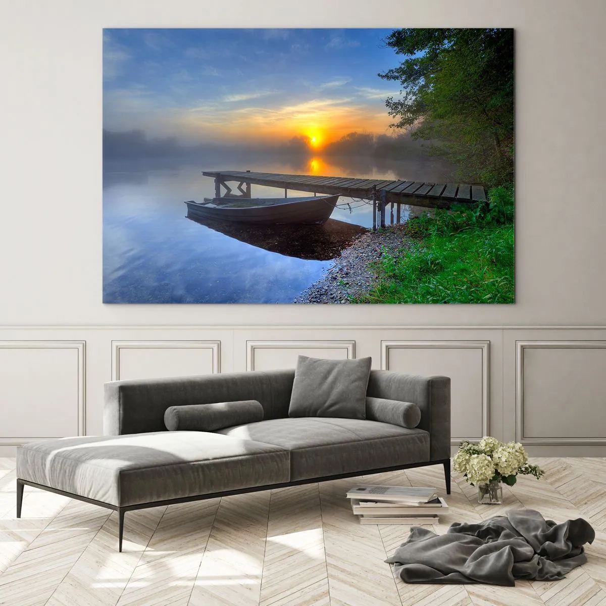 Impression sur verre - Image sur verre - Un bateau à quai au lever du soleil sur le lac - 70x50cm - Comment l'ordinaire se transforme en magie - Décoration murale moderne pour le salon et la chambre ARTTOR
