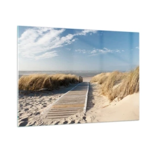 Impression sur verre - Image sur verre - Chemin en bois à travers les dunes menant à la plage - 100x70cm - Derrière la dune, dans le bruissement de l'herbe - Décoration murale moderne pour le salon et la chambre ARTTOR