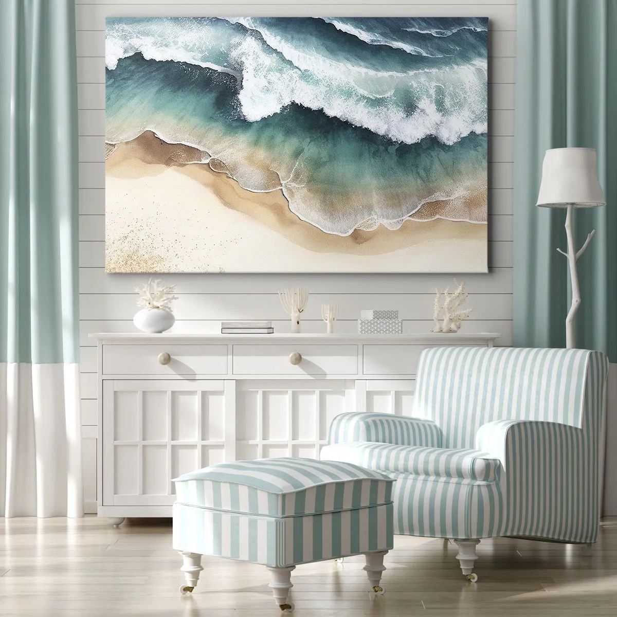 Impression sur toile - Image sur toile - Vue sur la plage et les vagues de la mer dans des tons turquoise - 70x50cm - La rencontre éternelle - Décoration murale moderne pour le salon et la chambre ARTTOR