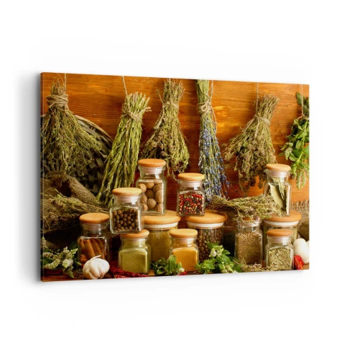 Impression sur toile - Image sur toile - Herbes et épices en pots sur fond rustique - 100x70cm - Sortilèges de cuisine - Décoration murale moderne pour le salon et la chambre ARTTOR