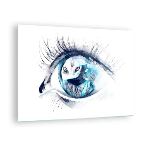 Impression sur verre - Image sur verre - Un œil de femme avec un motif de hibou dans un style aquarelle - 70x50cm - Face à face avec la nature sauvage - Décoration murale moderne pour le salon et la chambre ARTTOR