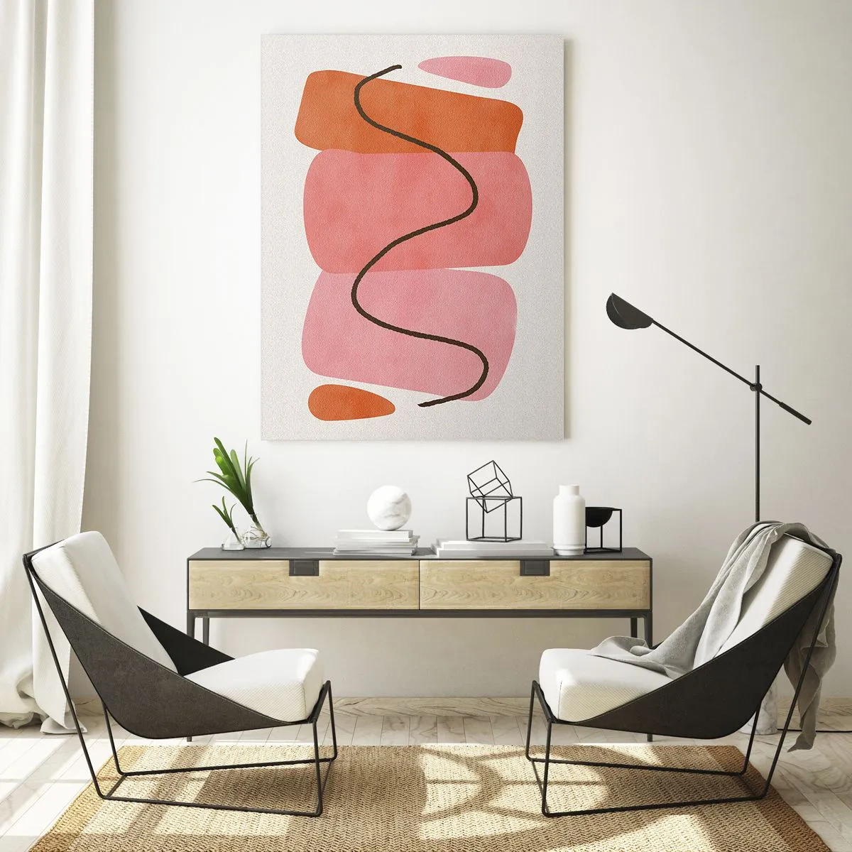 Impression sur verre - Image sur verre - Formes abstraites en rose et orange avec une ligne noire - 50x70cm - mouvement doux des formes - Décoration murale moderne pour le salon et la chambre ARTTOR