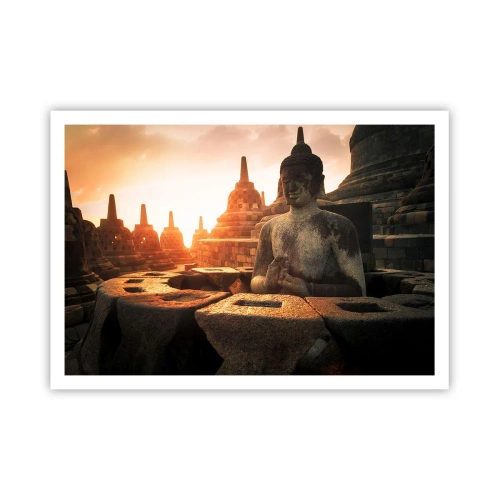 Affiche - Poster - Statue de Bouddha au temple de Borobudur au coucher du soleil - 100x70cm - Temps de grande sagesse - Décoration murale moderne pour le salon et la chambre ARTTOR