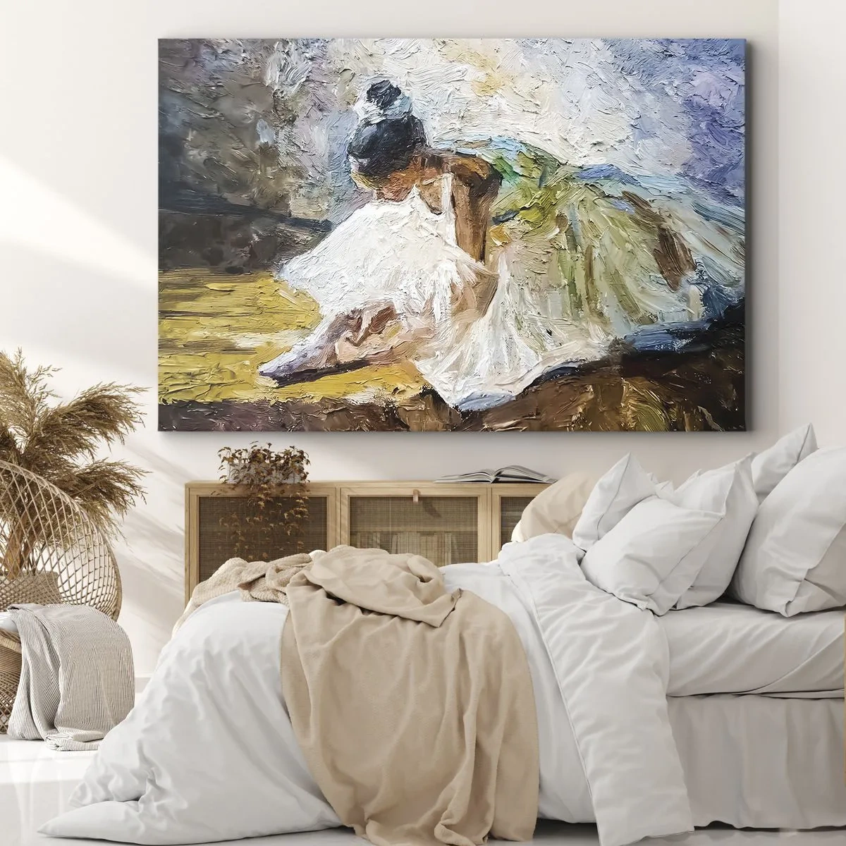Impression sur toile - Image sur toile - Une ballerine en robe blanche dans un style pictural sur un fond impressionniste. - 70x50cm - D'après un tableau de Degas - Décoration murale moderne pour le salon et la chambre ARTTOR