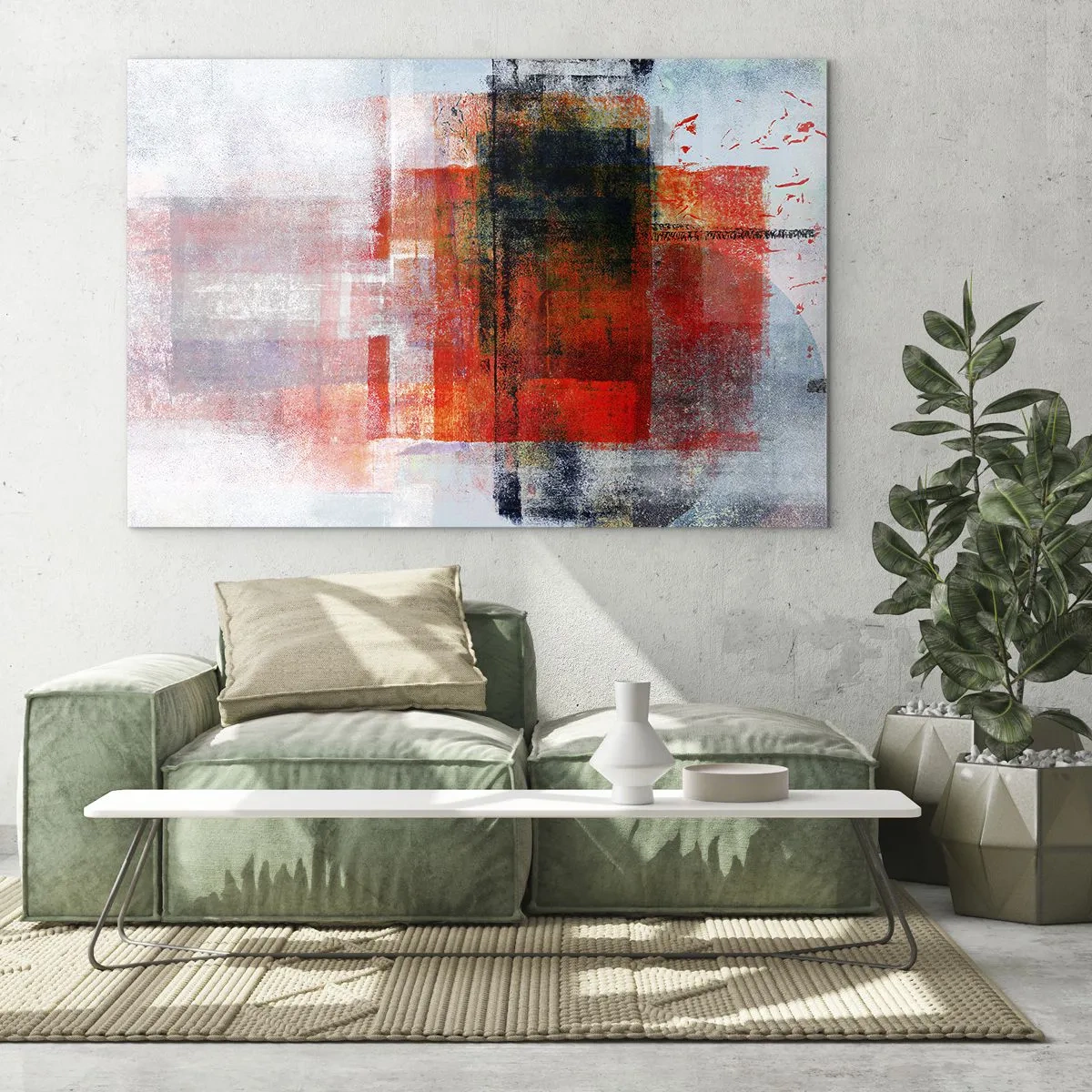 Impression sur verre - Image sur verre - Abstraction géométrique dans des tons intenses de rouge et de noir. - 70x50cm - Composition embrasée - Décoration murale moderne pour le salon et la chambre ARTTOR