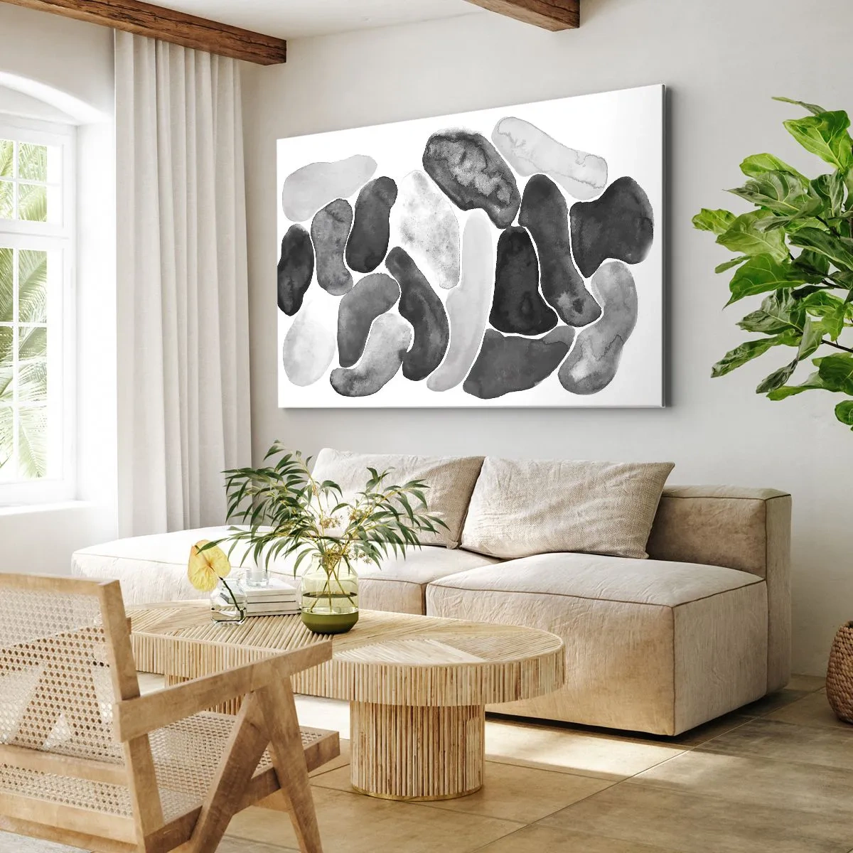 Impression sur toile - Image sur toile - Abstraction en noir et blanc avec des taches irrégulières sur fond blanc - 70x50cm - Abstraction rocheuse - Décoration murale moderne pour le salon et la chambre ARTTOR