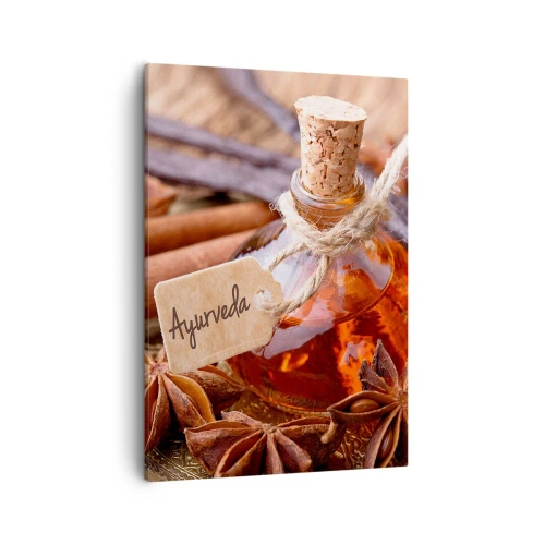 Impression sur toile - Image sur toile - Une bouteille d'huile d'épices sur un plateau - 50x70cm - Vers l'unité du corps et de l'esprit - Décoration murale moderne pour le salon et la chambre ARTTOR